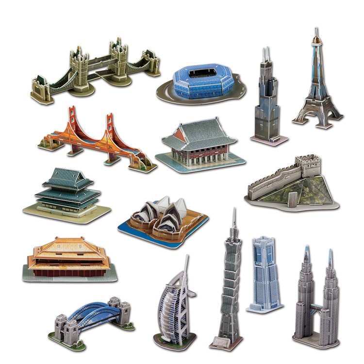 Candice guo 3d 퍼즐 diy 장난감 종이 빌딩 모델 조립 손 작업 게임 하우스 미니 세계 유명한 건축 시리즈 5 개/대